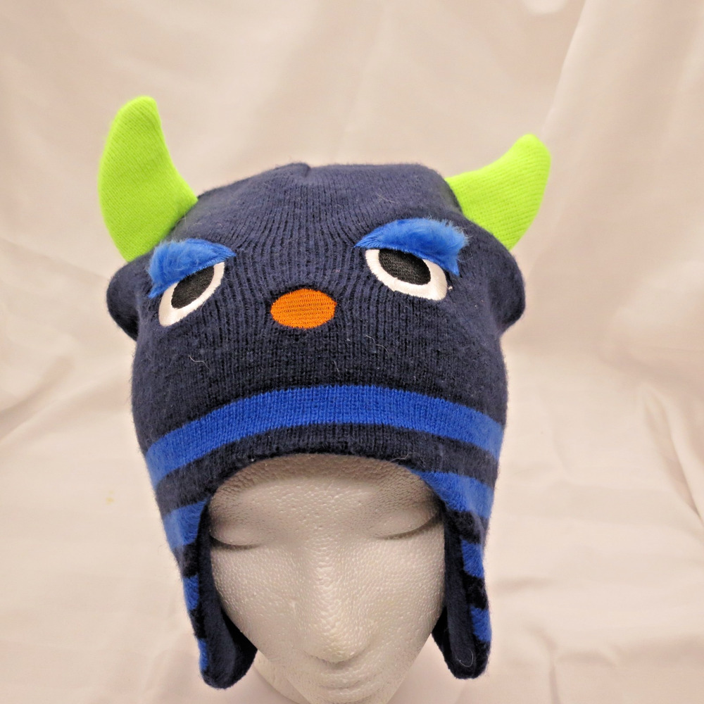 Kids Monster Beanie Hat Navy Blue Green Horns Ear Flaps Striped Winter Creature